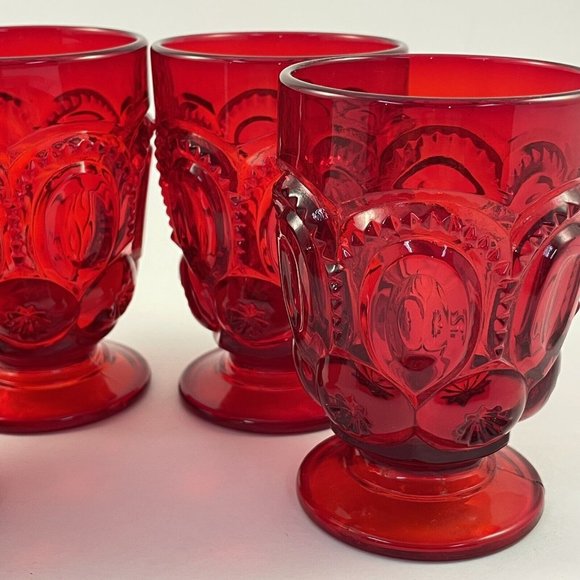 Vintage LE Smith Moon and Stars Ruby Red Footed Tumblers, 6 oz Set of 4 Tumblers - Picture 4 of 9